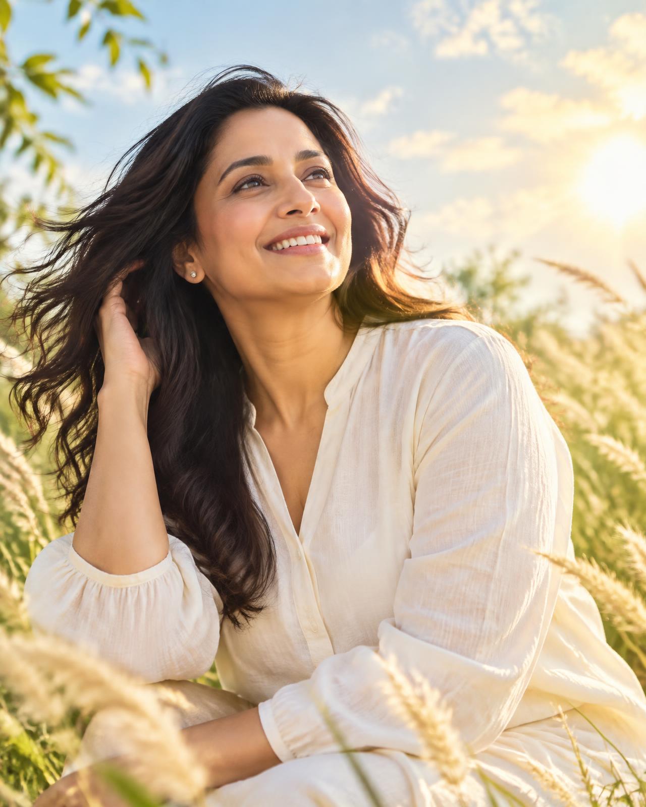 A joyful, confident woman looking toward the morning sun beneath an open sky